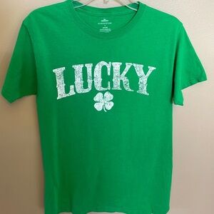 St Patrick’s day LUCKY green shamrock tee shirt unisex  destressed lucky print S